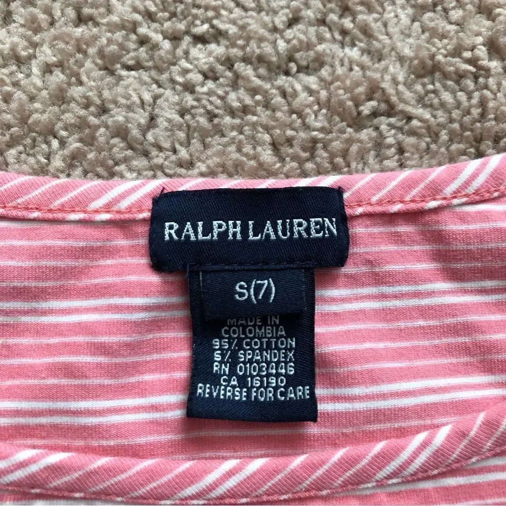 Ralph Lauren‎ T-Shirt Girls Small Pink Stripe Lettuce Edge Cotton